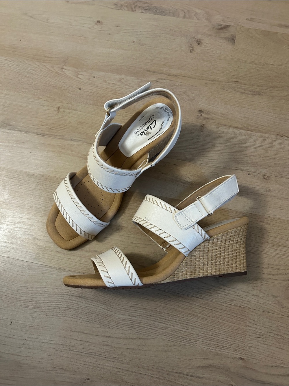 Clarks White Wedge Sandals with Braided Trim